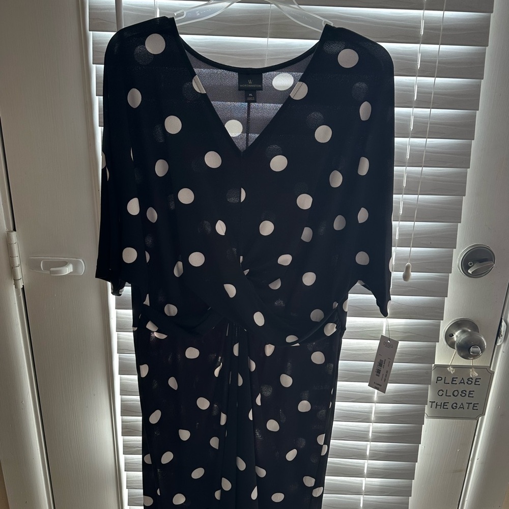 Worthington Blue and White Faux-Wrap Midi Dress